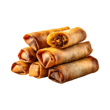 Crispy Fried Spring Rolls Stacked on Black, One Bitten to Show Filling