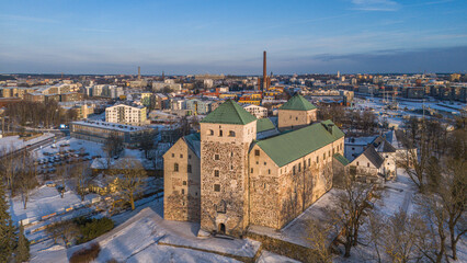 Turku Castle Aerial View in Winter, Finland Historic Landmark