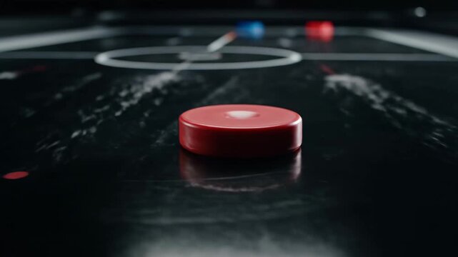 Air hockey puck on game table in arcade