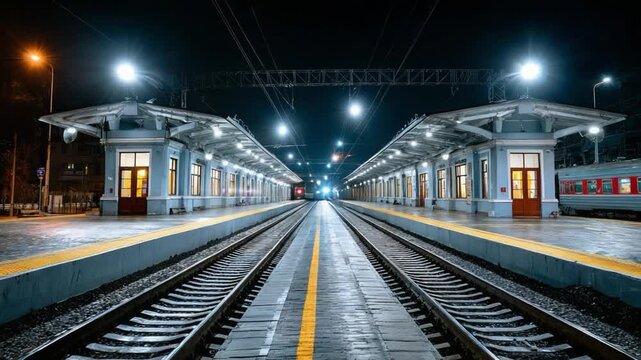 Night Train Station: Illuminated train station at night, the parallel tracks disappearing into the distance, create a sense of journey and anticipation.