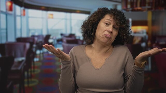 Woman with raised palms shrugging shoulders amid red chairs and circular carpet pattern in restaurant; confusion.