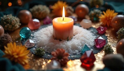 Burning orange candle surrounded by salt crystals colorful gems and dried flowers on altar. Ritualistic items create mystical atmosphere for magic spellcasting or divination session.
