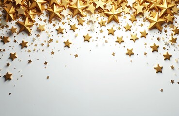 Fototapeta premium Golden stars and confetti scattered across a clean white surface. This festive arrangement offers a copy space for event invitations, celebrations, or holiday greetings.