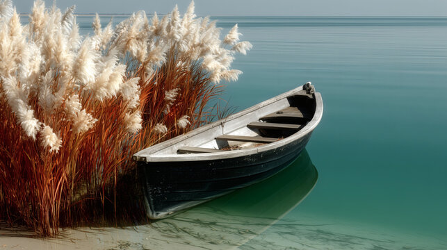 Wooden Rowboat Moored by Reeds on Calm Turquoise Lake with Copy Space