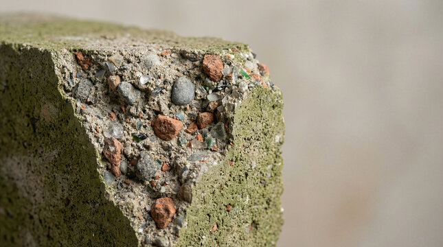 Broken Concrete: Broken edge of sustainable carbon capture concrete block revealing recycled aggregate material.