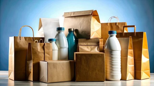 Assortment of paper bags, bottles, and boxes, likely for delivery, on a blue-gradient backdrop