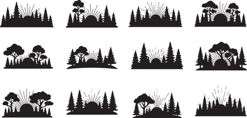 Fototapeta premium Black silhouettes of trees and forests at sunrise sunset