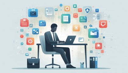 Man Working on Laptop with Social Media Icons.