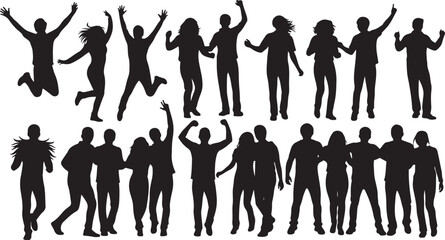 Fototapeta premium Silhouettes of people jumping and celebrating with joy together