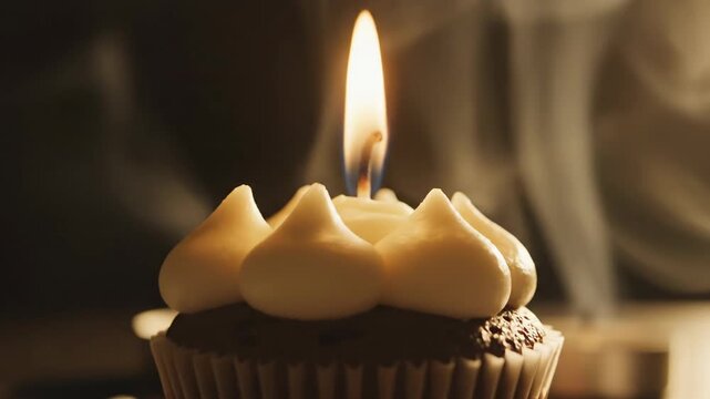 Close-up of a single birthday cupcake with a lit candle and smoke, surrounded by tea lights