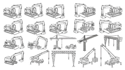 Obraz premium Excavator and Crane CAD Vector Set for Construction and Engineering Design