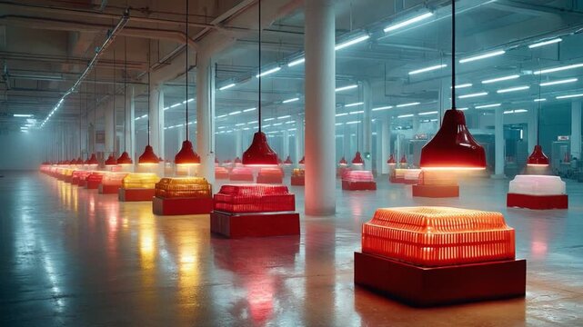 Illuminated Industrial Symmetry: The image presents a mesmerizing display of uniformly lit red lamps in a spacious industrial facility. It showcases the interplay of light and order.