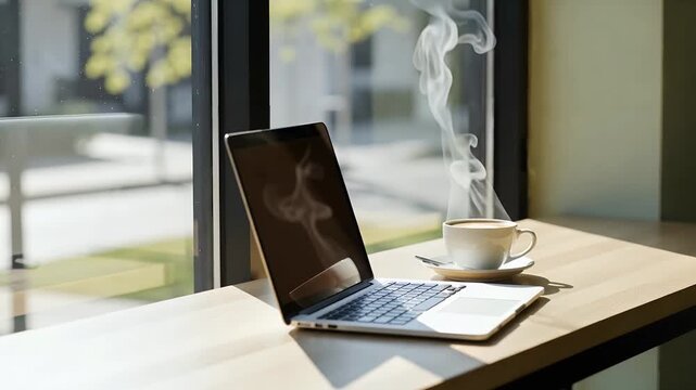 Laptop and steaming coffee cup on a wooden counter by a window, bathed in natural light.