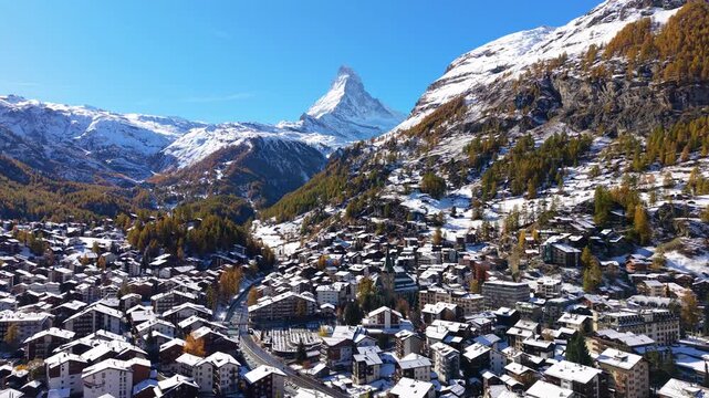 Aerial view of Zermatt townscape and Matterhorn mountain. Zermatt, Valais, Switzerland.