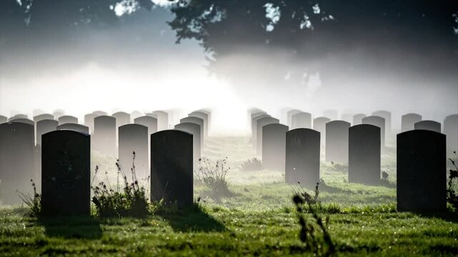 A misty, somber cemetery scene with rows of headstones, bathed in soft light