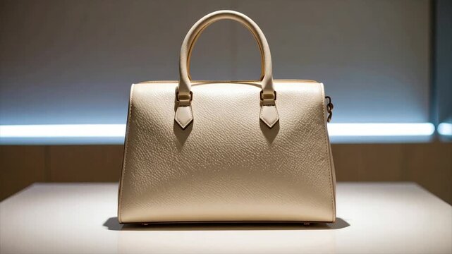 Cream-colored leather handbag with two handles, sitting on a white surface, lit by an overhead light