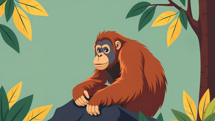Orangutan Sitting in Tropical Forest Illustration