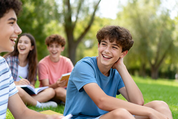 Fototapeta premium Teenage Students Laughing in Park During Study Break
