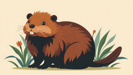 Beaver Illustration with Plants in Nature Scene