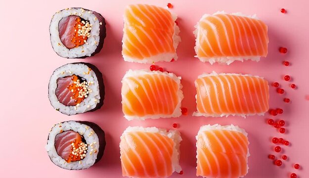 Three sushi rolls arranged vertically on right side of soft pink background, salmon and tuna maki rolls with white rice, orange tobiko roe garnish scattered around, red caviar dots