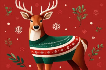 Naklejka premium Festive deer in a green and red knitted sweater stands against a Christmas backdrop