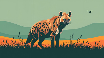 Hyena Standing in African Savanna Landscape