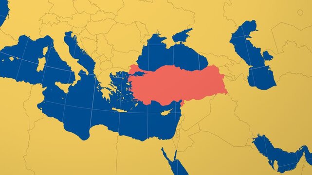 Turkey on Globe. Animated zoom into the country in Ocean Blue Golden Yellow color palette. Turkey logo animation. Map with meridians, parallels. Elegant video.