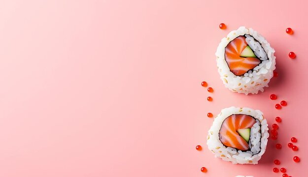Three sushi rolls arranged vertically on right side of soft pink background, salmon and tuna maki rolls with white rice, orange tobiko roe garnish scattered around, red caviar dots