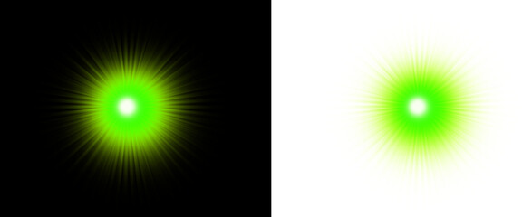 Green starburst light burst effect with bright core and radiating glow on black and transparent backgrounds © ontimefarhad
