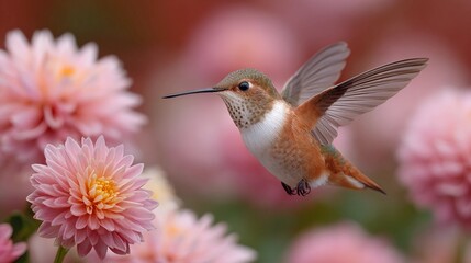 Fototapeta premium A hummingbird is flying over a field of pink flowers
