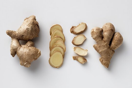 Fresh ginger root whole and sliced arranged against a white background