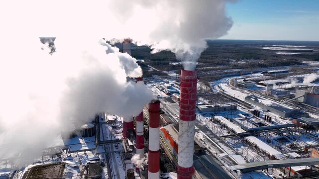 Chimneys of a thermal power plant in close-up