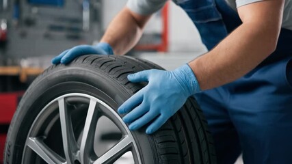 Professional mechanic inspecting car tire with gloves on automotive service and vehicle maintenance