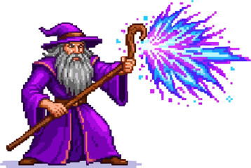 Obraz premium Pixel art illustration of a wise old wizard in a purple robe casting a spell with a staff