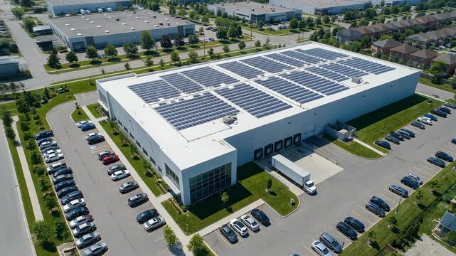 Modern warehouse with solar panels on roof surrounded by lush greenery eco friendly industrial building