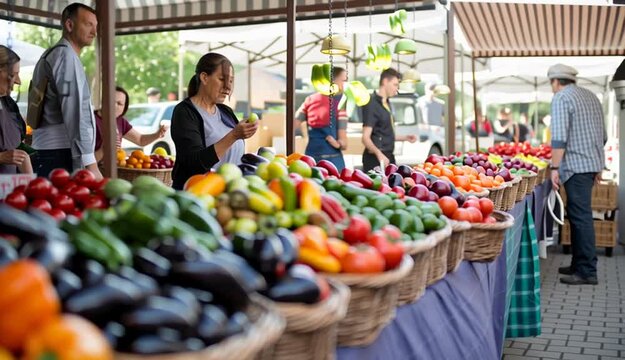 Outdoor farmers market produce display with wicker baskets filled with fresh vegetables, red tomatoes, orange heirloom tomatoes, green bell peppers, yellow peppers, black olives in foreground
