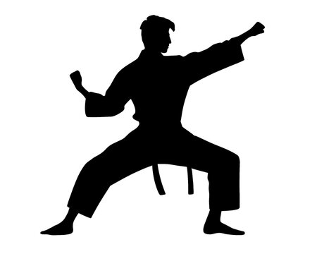 Karate silhouette, male karate player performing punching motion, vector illustration.
