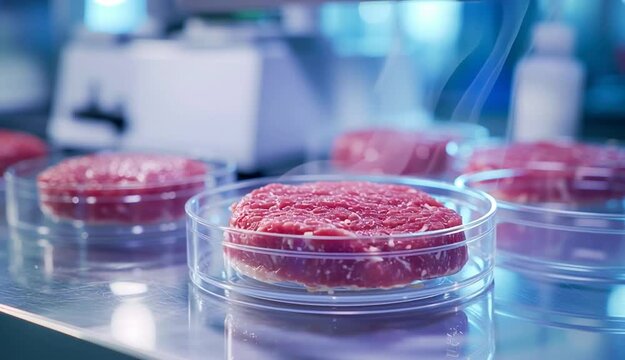 Laboratory cultured meat sample in clear glass petri dish, raw ground beef patty with visible fat marbling in transparent container, modern biotech lab setting, multiple petri dishes with cell-cultu