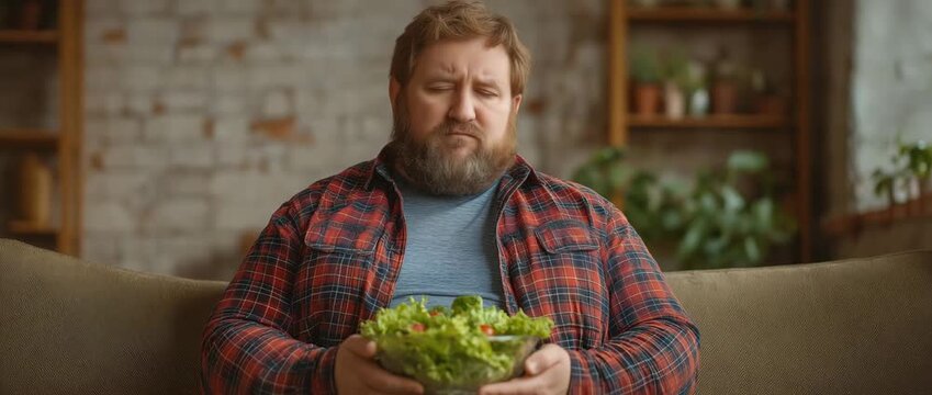A obese, overweight man thinks about his food, health, and salad. He weighs quantities and nutrients on a couch at home.