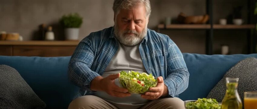 A obese, overweight man thinks about his food, health, and salad. He weighs quantities and nutrients on a couch at home.