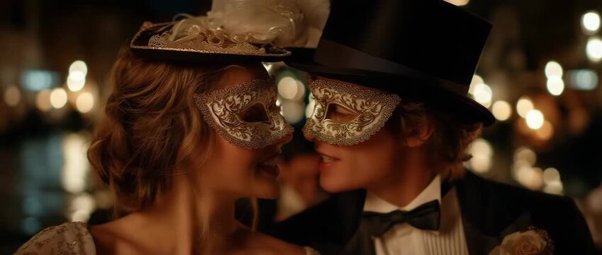 A romantic couple taking a nighttime gondola ride while donning Venetian masks.