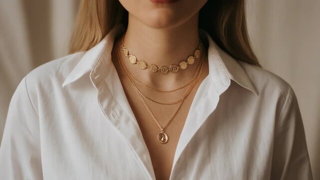 Elegant model showcasing stylish layering of delicate gold necklaces with white outfit fashion jewelry
