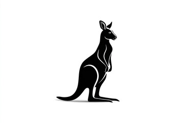 Black kangaroo silhouette illustration with minimal and clean design, showing standing kangaroo with detailed lines on white background, conveying simplicity and elegance