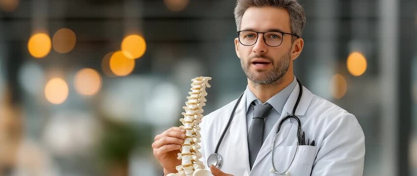 A young orthopedic physician in uniform is employed at a clinic. An osteopath or chiropractor holding a human skeleton's spine