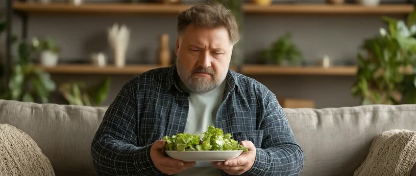 A obese, overweight man thinks about his food, health, and salad. He weighs quantities and nutrients on a couch at home.