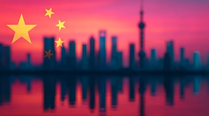 Fototapeta premium A vibrant city skyline at sunset, featuring blurred buildings and a prominent Chinese flag overlay.