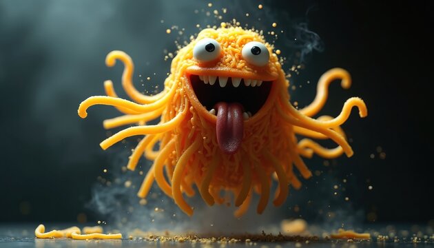 Funny cartoon monster made of pasta with big eyes and tongue sticks out. Flying spaghetti creature from religion with noodle tentacles on dark background. Humorous character concept.