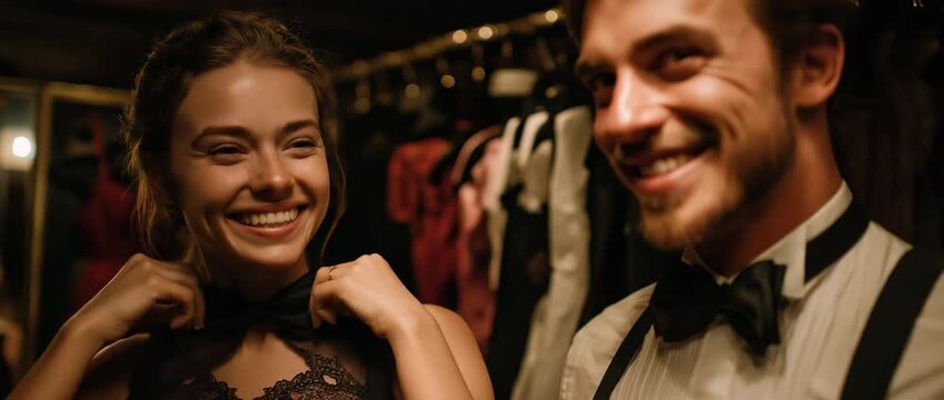 Backstage, a helpful wife is straightening her husband's bow tie.