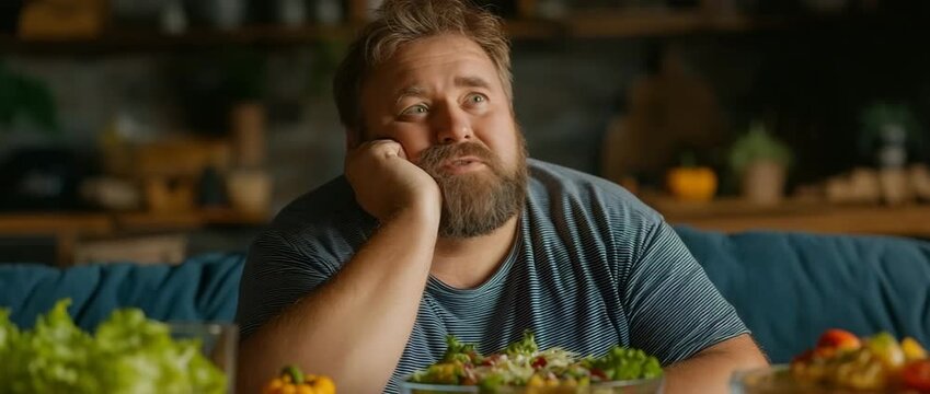 A obese, overweight man thinks about his food, health, and salad. He weighs quantities and nutrients on a couch at home.