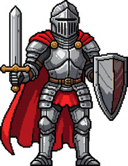 Obraz premium Pixel Art Knight in Shining Armor with Sword and Shield Ready for Battle